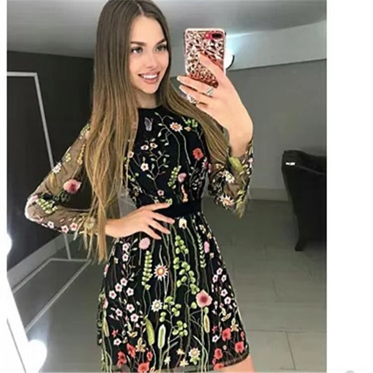 Floral Mesh Embroidered Boho Lace Dress