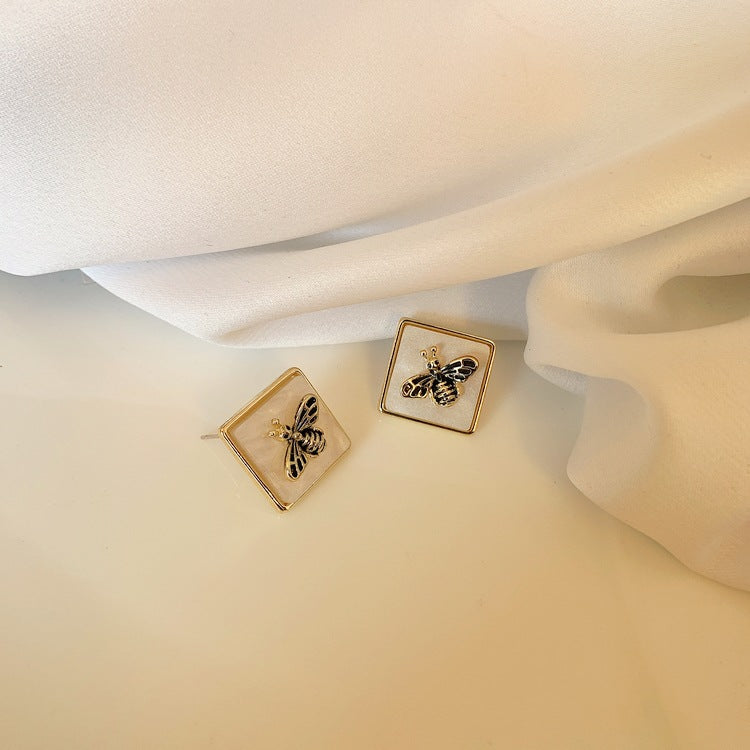 Brass Honeybee Hexagon Drop Earrings