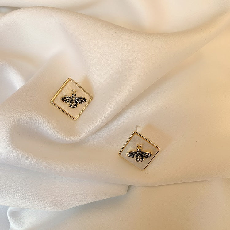 Brass Honeybee Hexagon Drop Earrings
