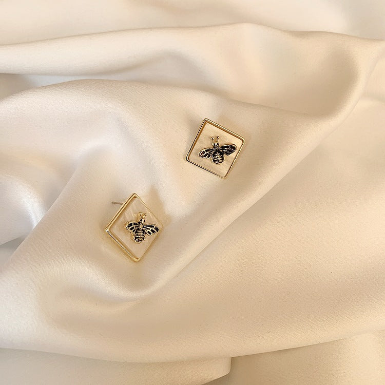 Brass Honeybee Hexagon Drop Earrings