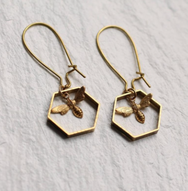 Brass Honeybee Hexagon Drop Earrings
