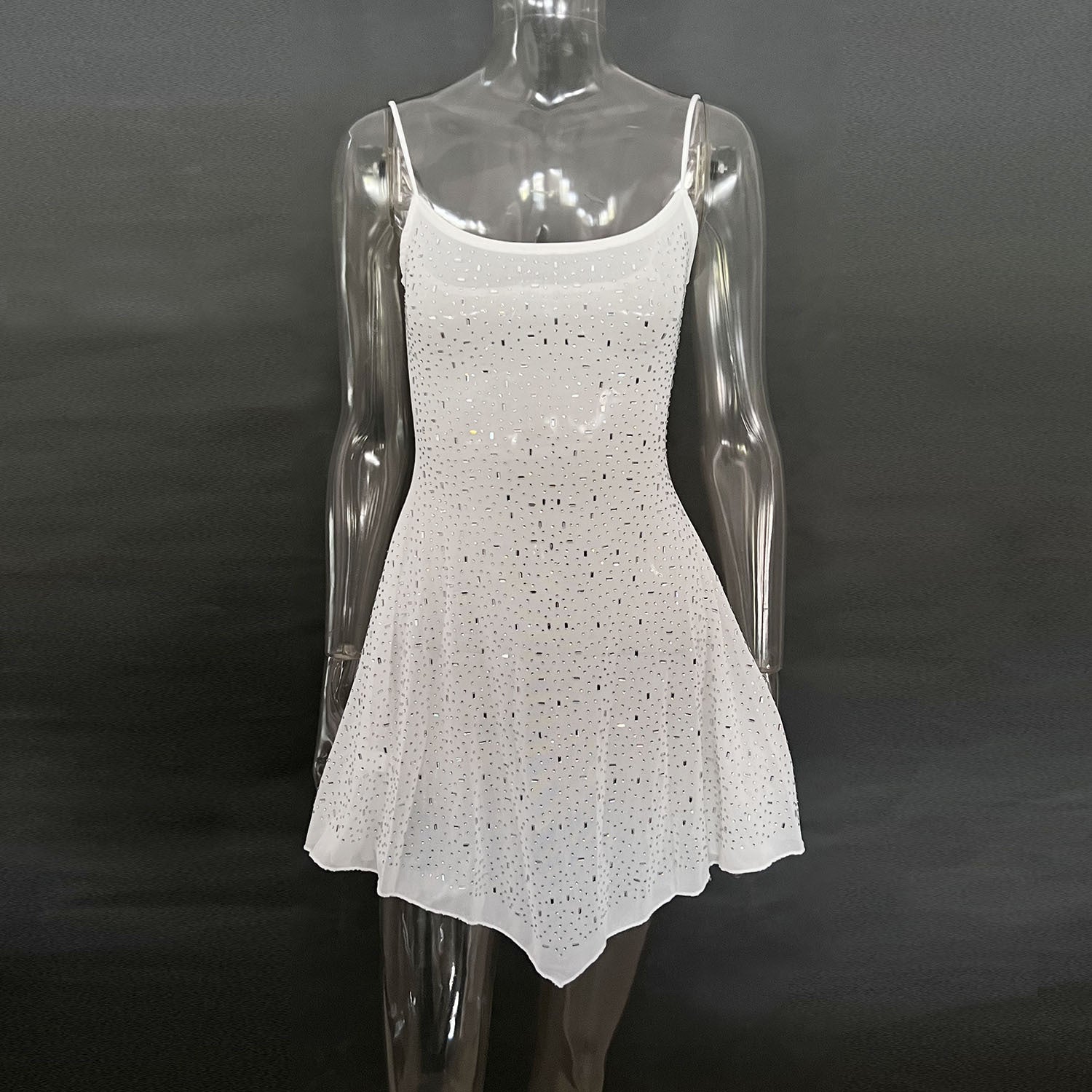 Crystal Embellished Sheer Slip Mini Dress