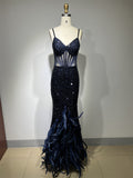 European and American glitter sexy perspective gorgeous feather skirt suspender dress luxury party dinner dress