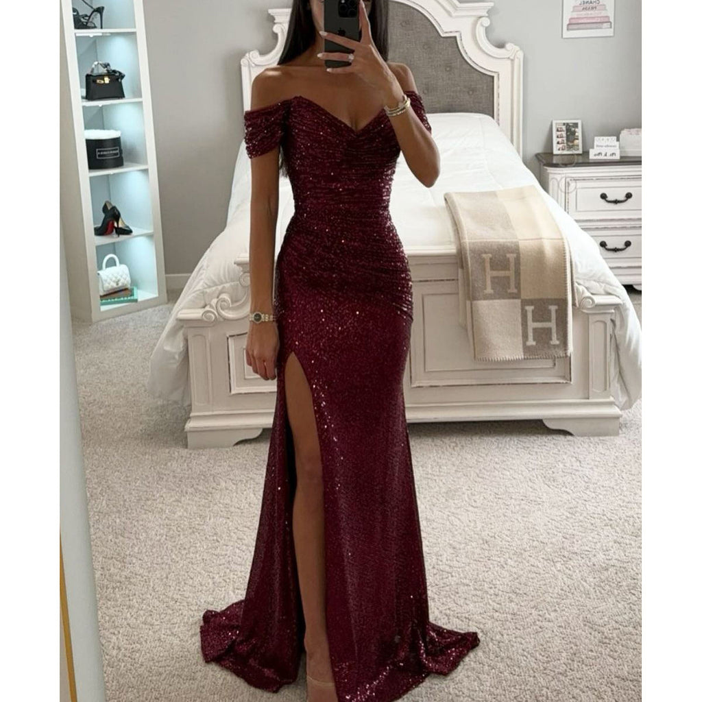 Sequined Off-Shoulder Slit Party Dress