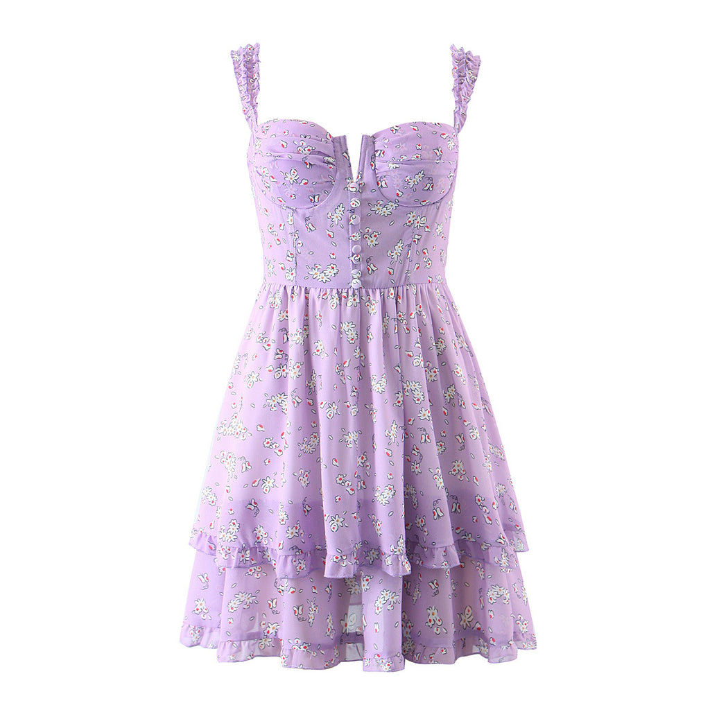 Purple Floral Print Strappy Sundress