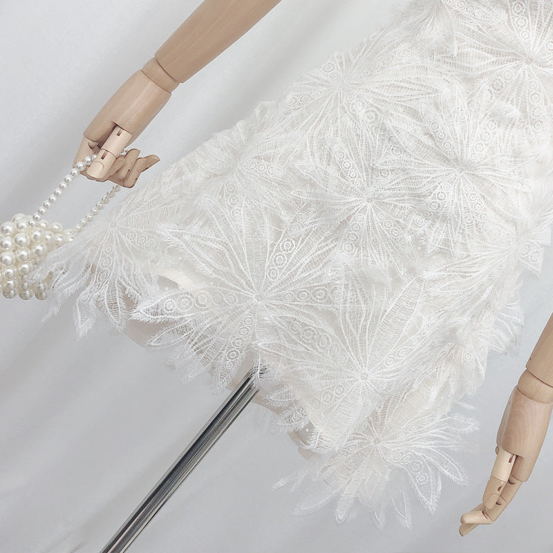 French white feather lace flower fairy dress