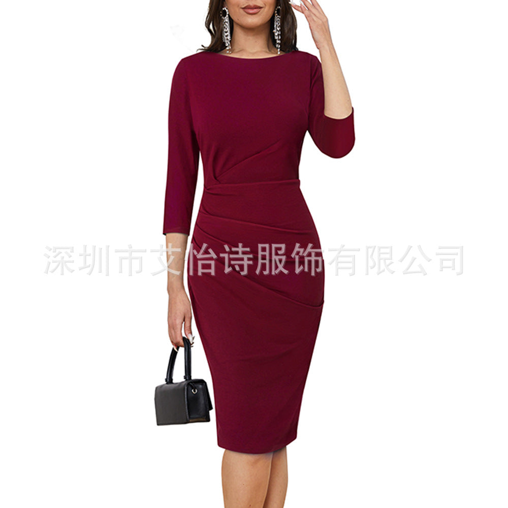 Pleated Wrap-Hip Round Neck Work Dress