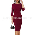 Pleated Wrap-Hip Round Neck Work Dress