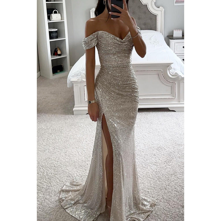 Sequined Off-Shoulder Slit Party Dress