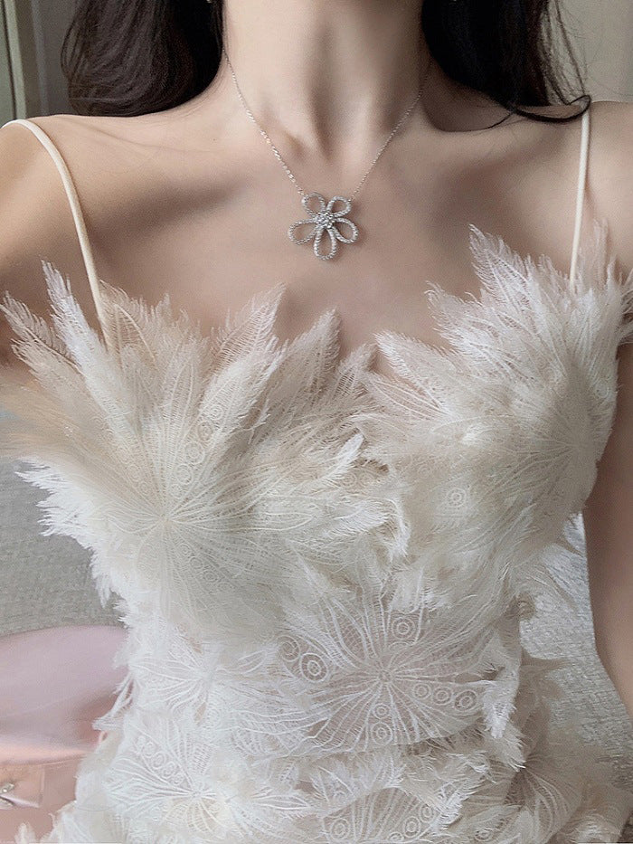 French white feather lace flower fairy dress
