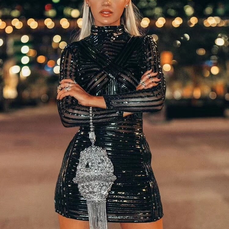 Black Shiny High-Neck Bodycon Party Dress