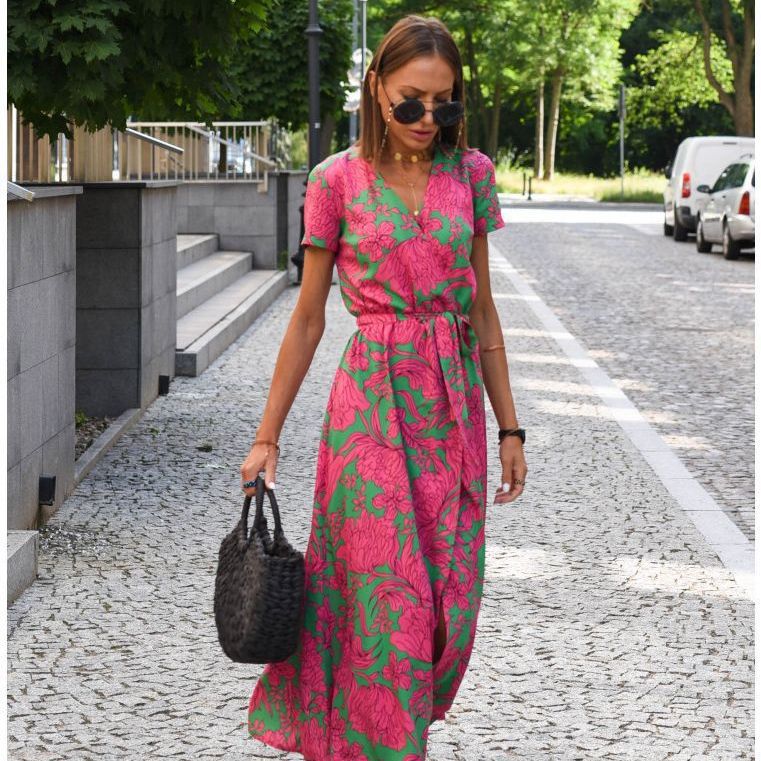 V-Neck Tied Waist Print Summer Dress