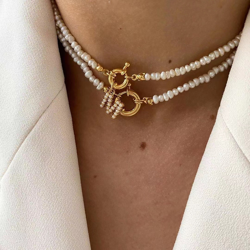 Layered Freshwater Pearl Necklace with Pavé Spring-Ring Clasps