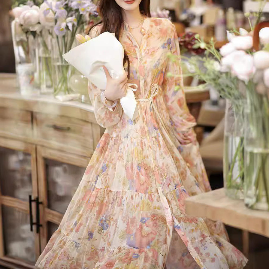Stand Collar Spring Print A-Line Dress