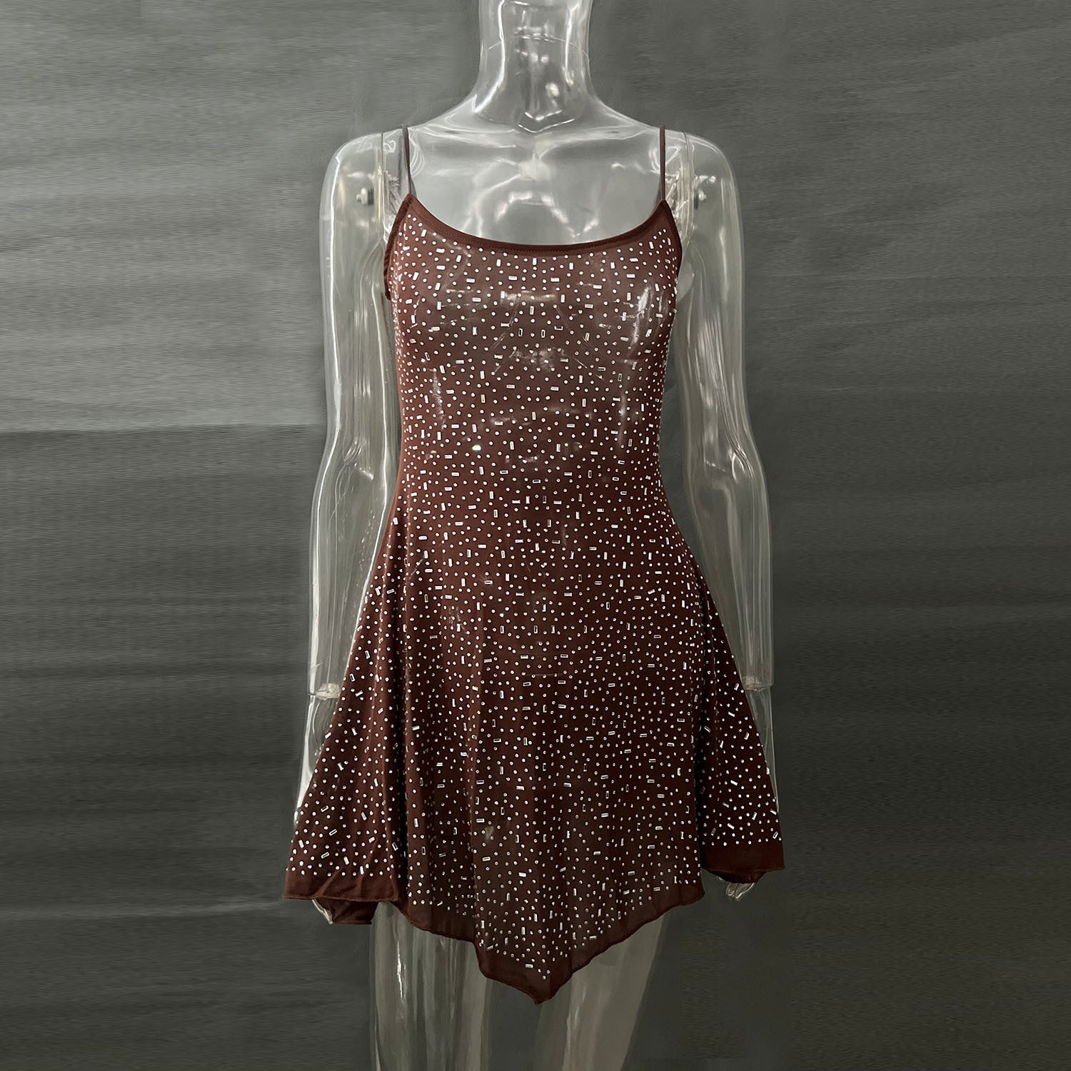 Crystal Embellished Sheer Slip Mini Dress