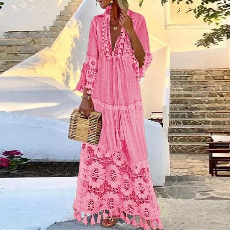 Bohemian Lace Tassel Beach Maxi Dress