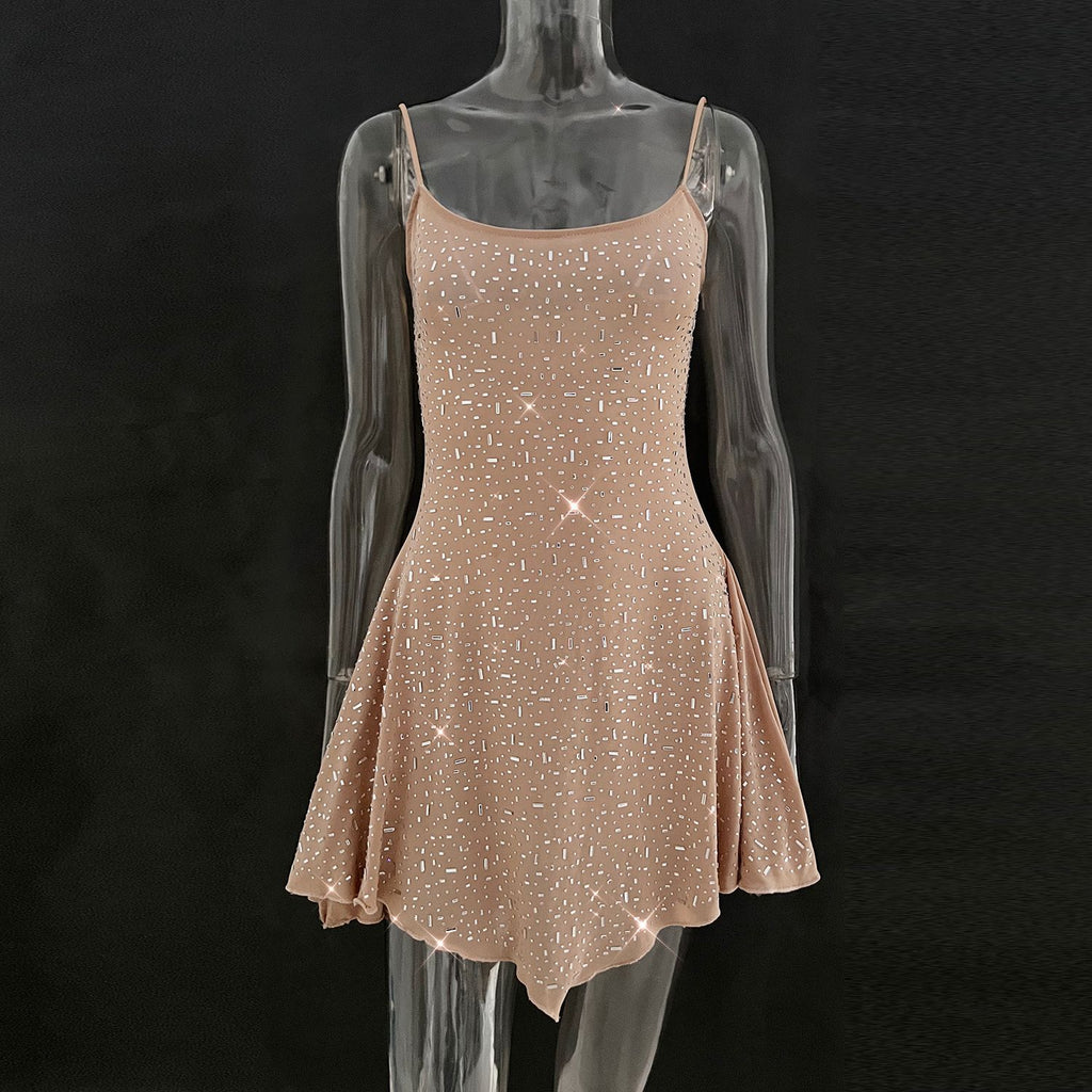 Crystal Embellished Sheer Slip Mini Dress
