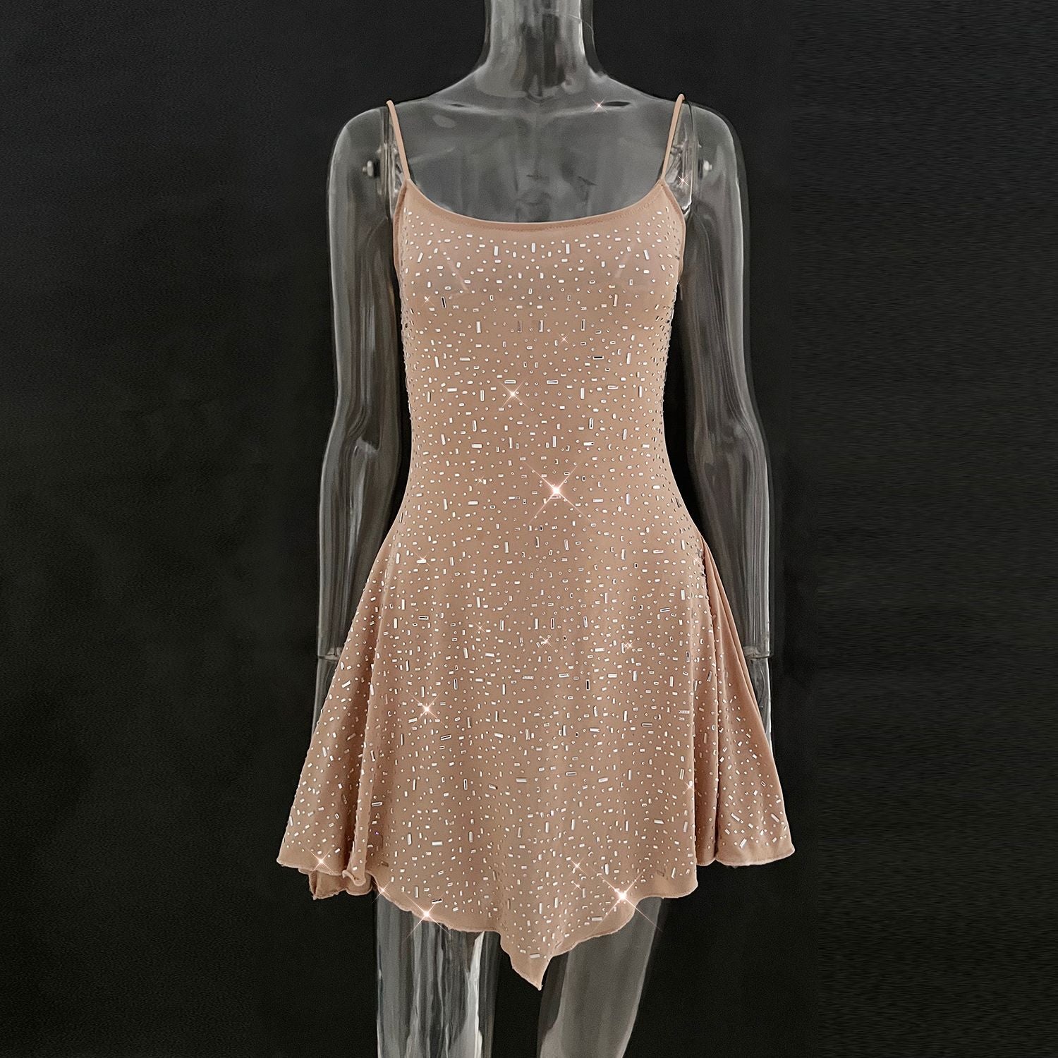 Crystal Embellished Sheer Slip Mini Dress