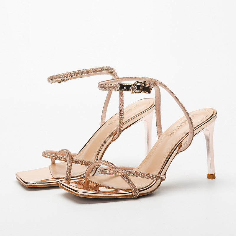Rhinestone One-Strap Square-Toe Summer Stilettos