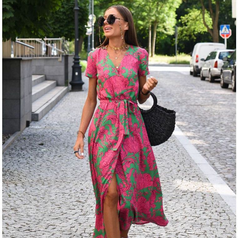 V-Neck Tied Waist Print Summer Dress