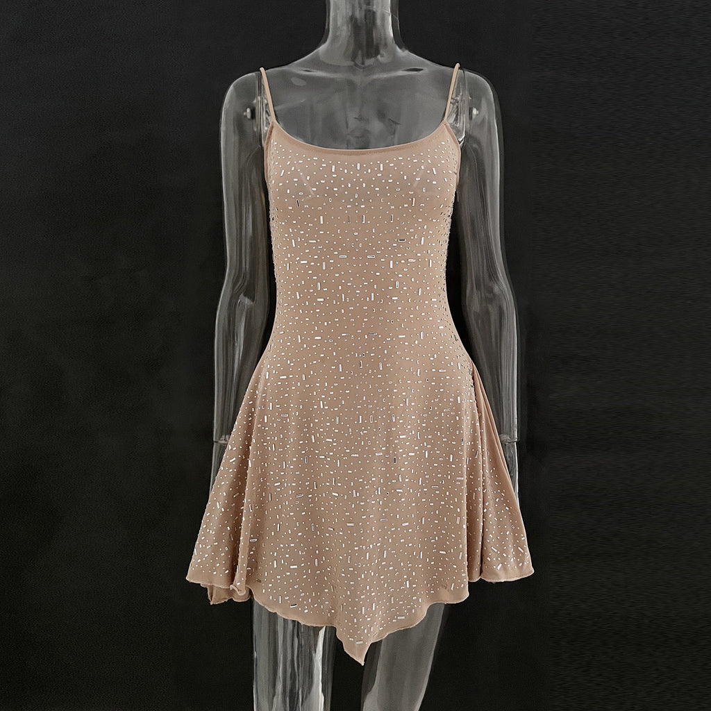 Crystal Embellished Sheer Slip Mini Dress