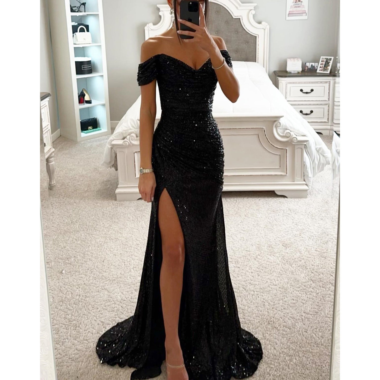 Sequined Off-Shoulder Slit Party Dress
