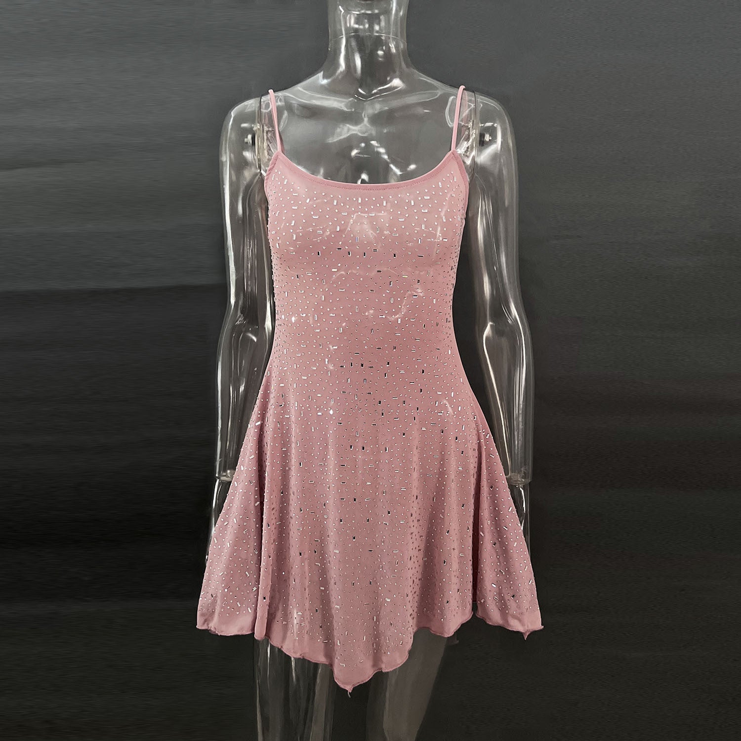 Crystal Embellished Sheer Slip Mini Dress