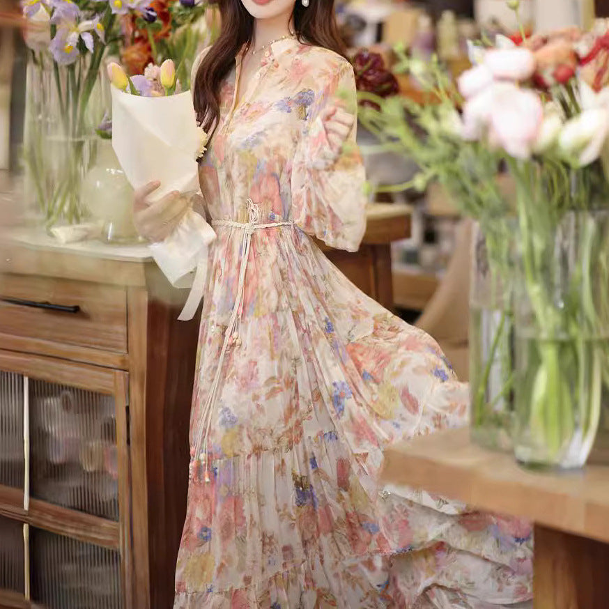 Stand Collar Spring Print A-Line Dress
