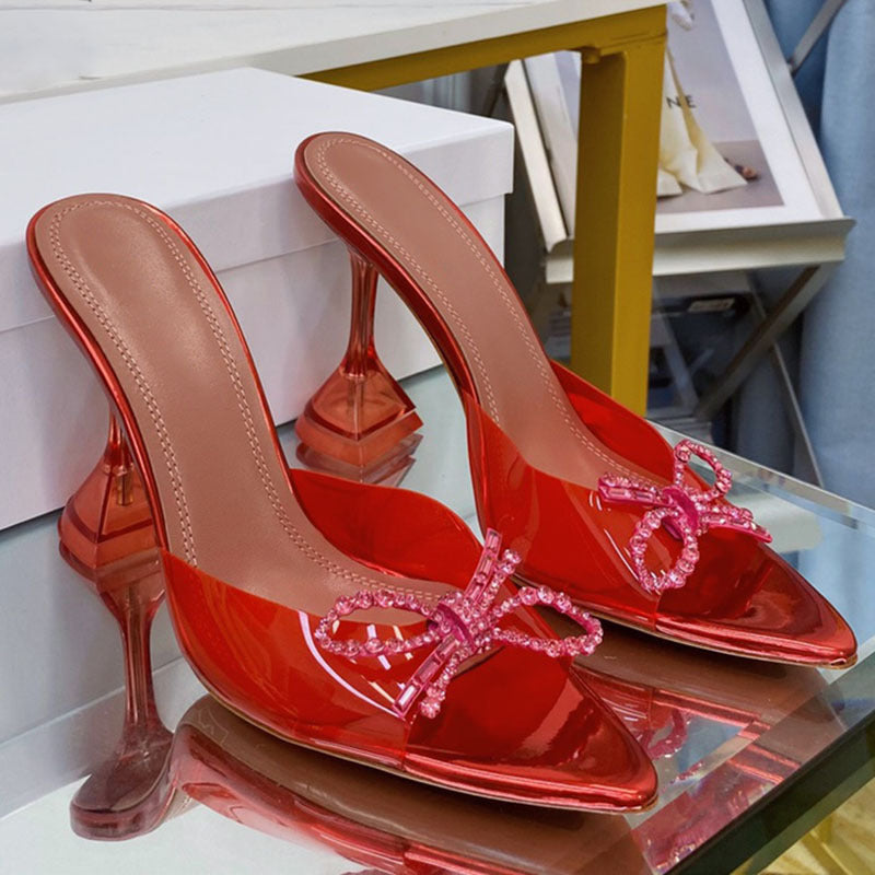 Rhinestone Bow Pointed-Toe Stiletto Sandals