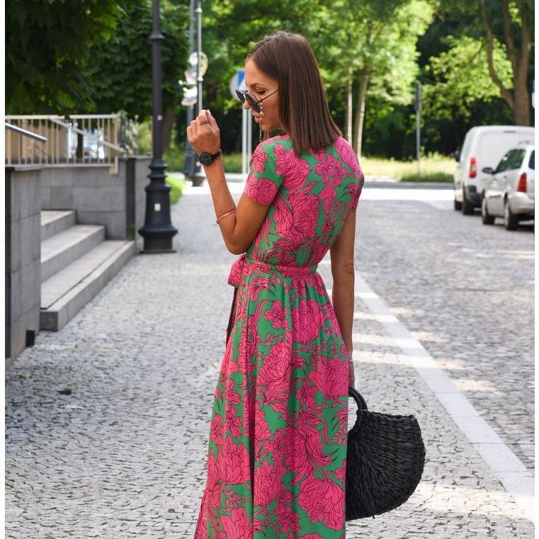 V-Neck Tied Waist Print Summer Dress