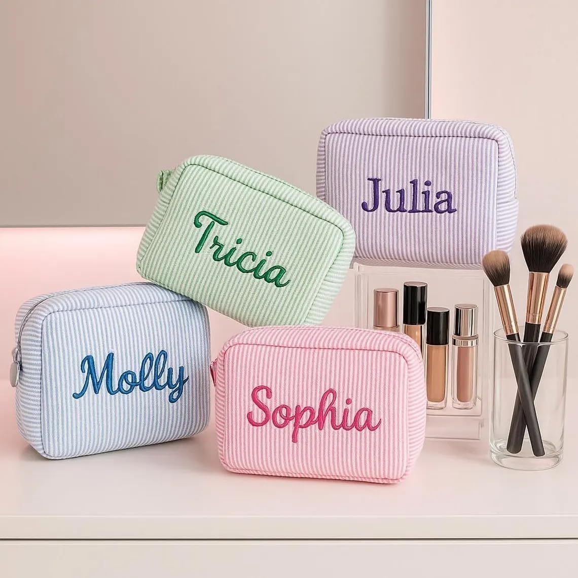 Striped Embroidered Travel Toiletry Bag