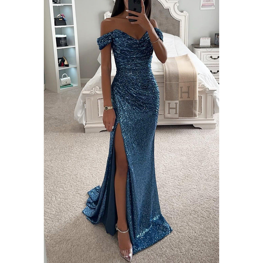 Sequined Off-Shoulder Slit Party Dress