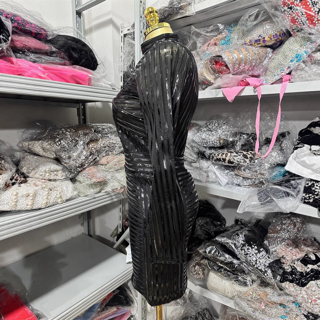 Black Shiny High-Neck Bodycon Party Dress
