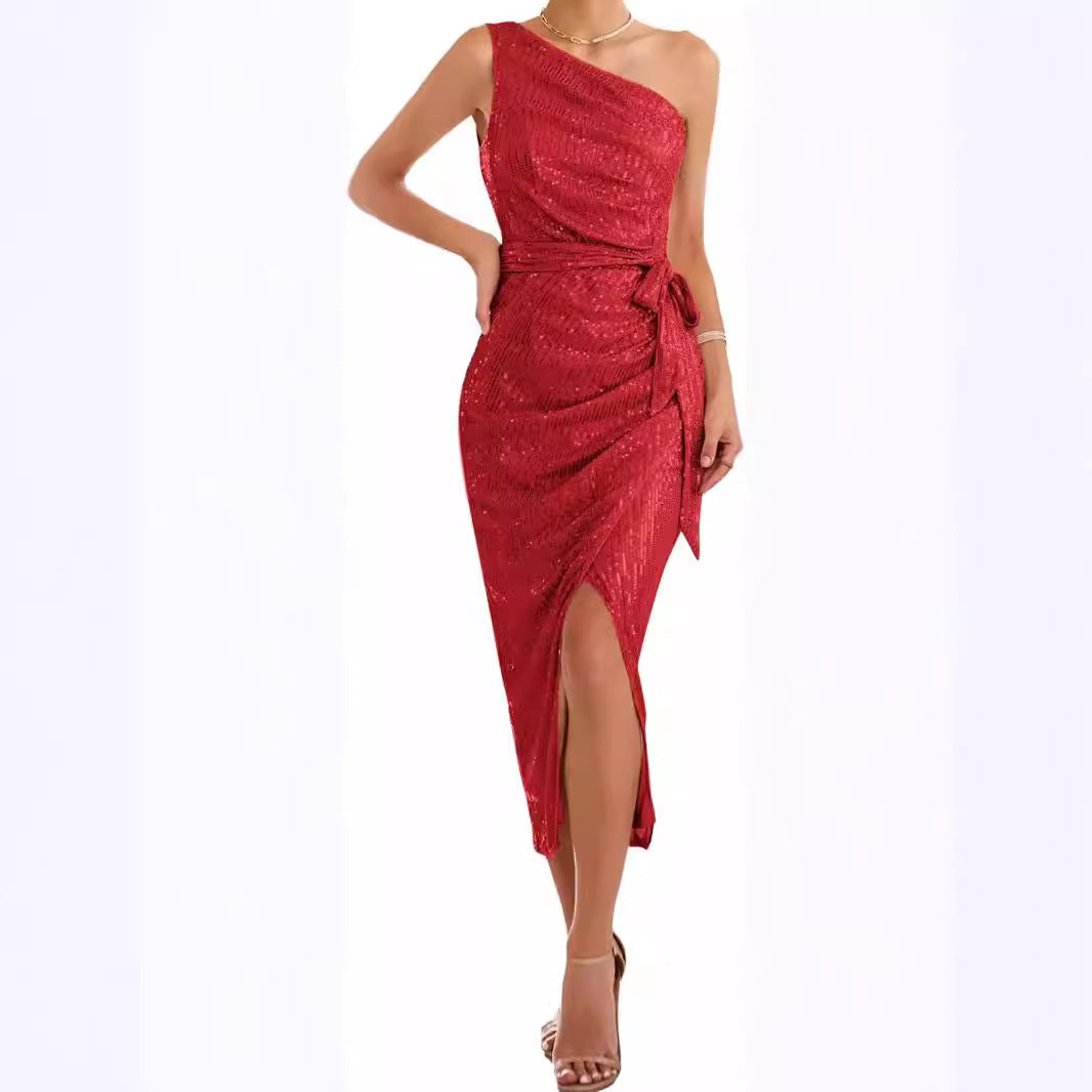 One-Shoulder Sequined Bodycon Slit Dress