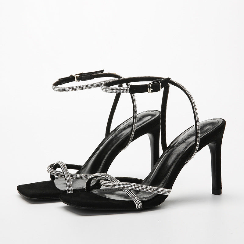 Rhinestone One-Strap Square-Toe Summer Stilettos