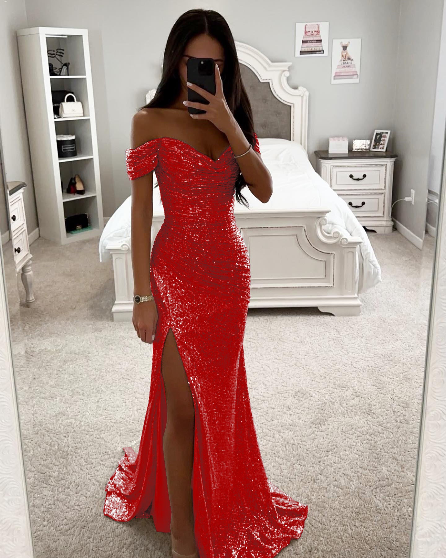 Sequined Off-Shoulder Slit Party Dress