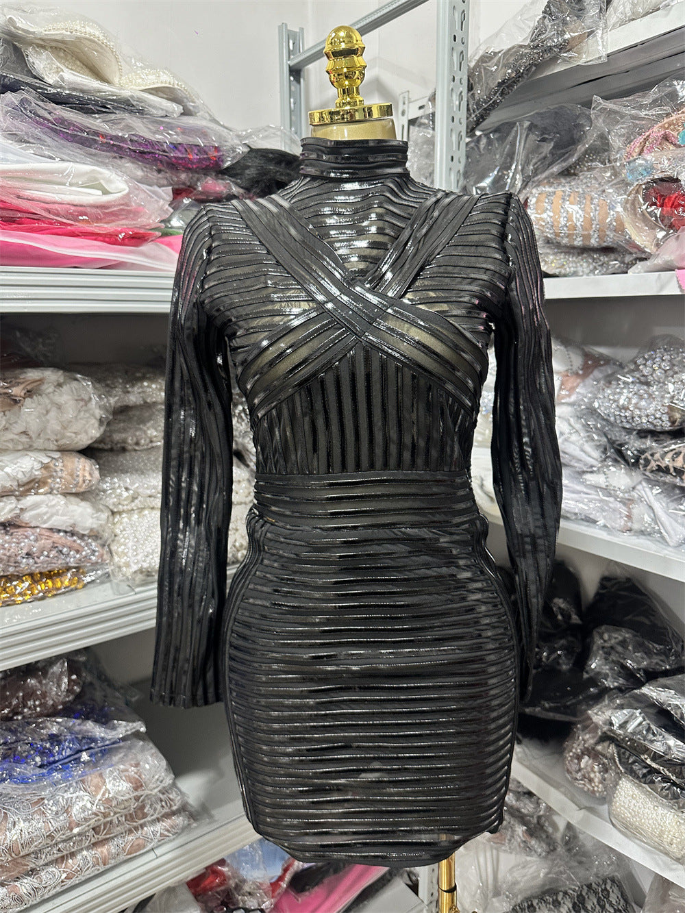 Black Shiny High-Neck Bodycon Party Dress