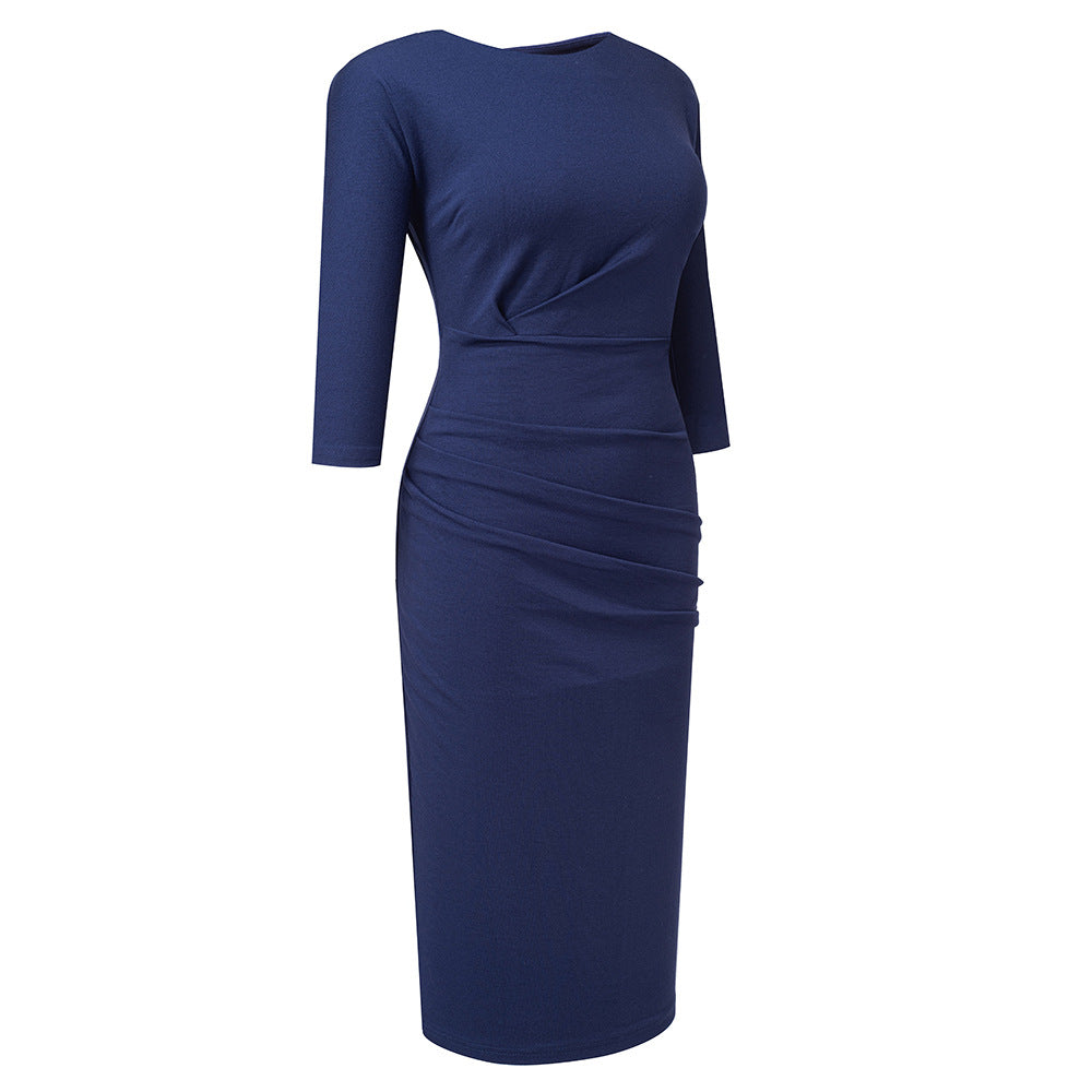 Pleated Wrap-Hip Round Neck Work Dress