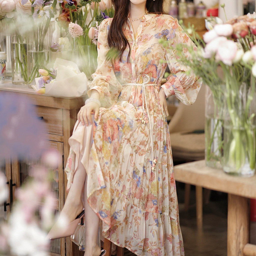 Stand Collar Spring Print A-Line Dress