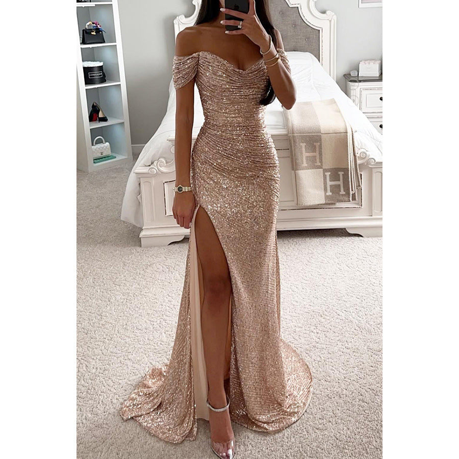 Sequined Off-Shoulder Slit Party Dress