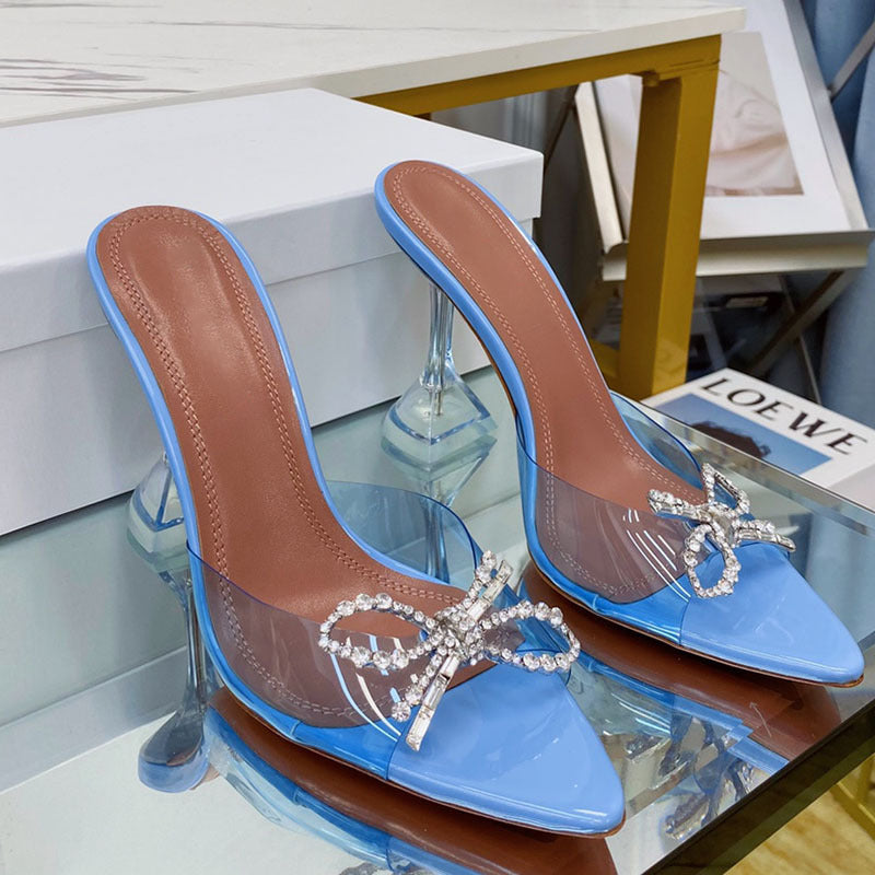 Rhinestone Bow Pointed-Toe Stiletto Sandals