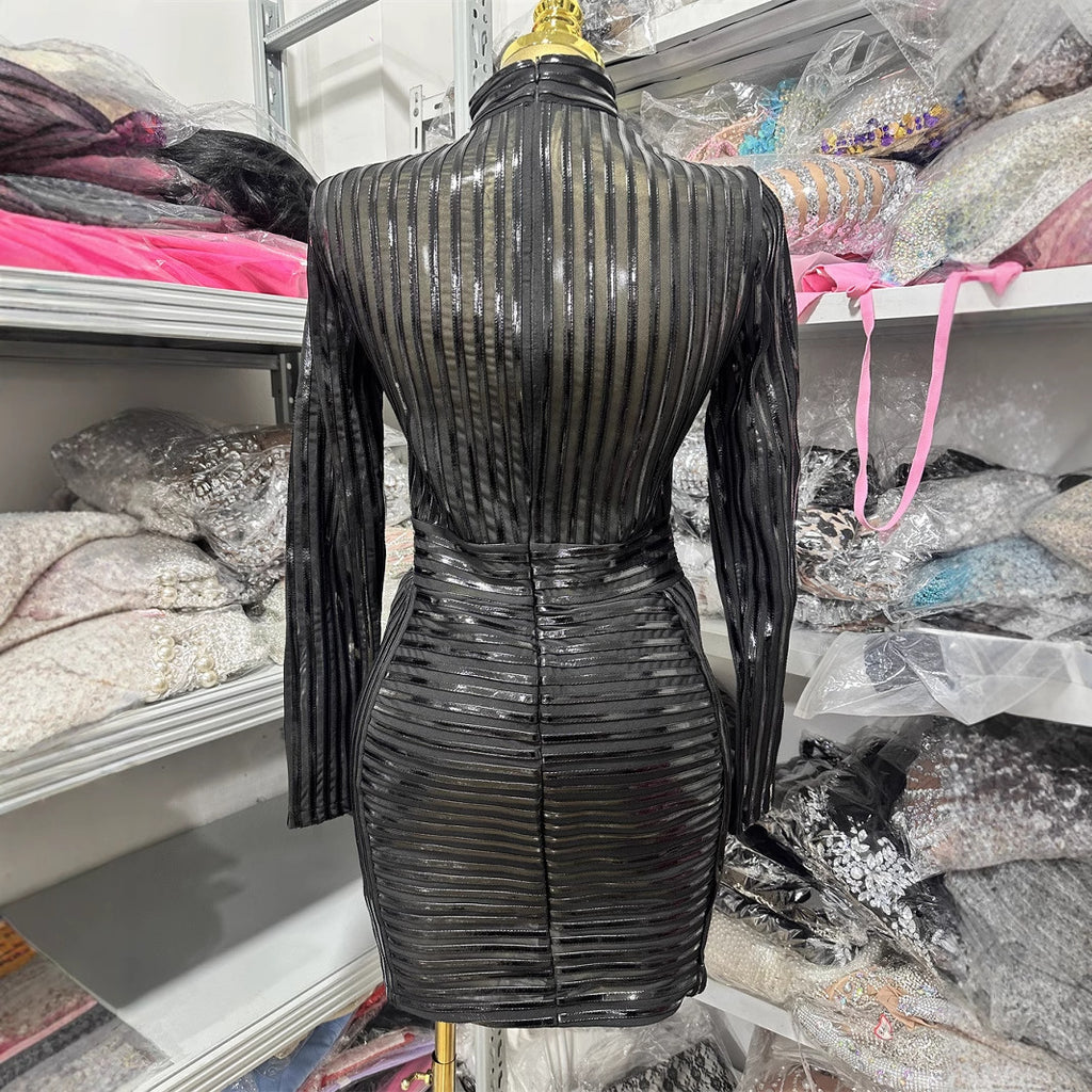 Black Shiny High-Neck Bodycon Party Dress