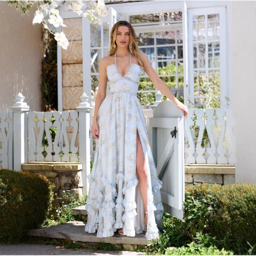 Printed Fitted Flare Vacation Maxi Dress