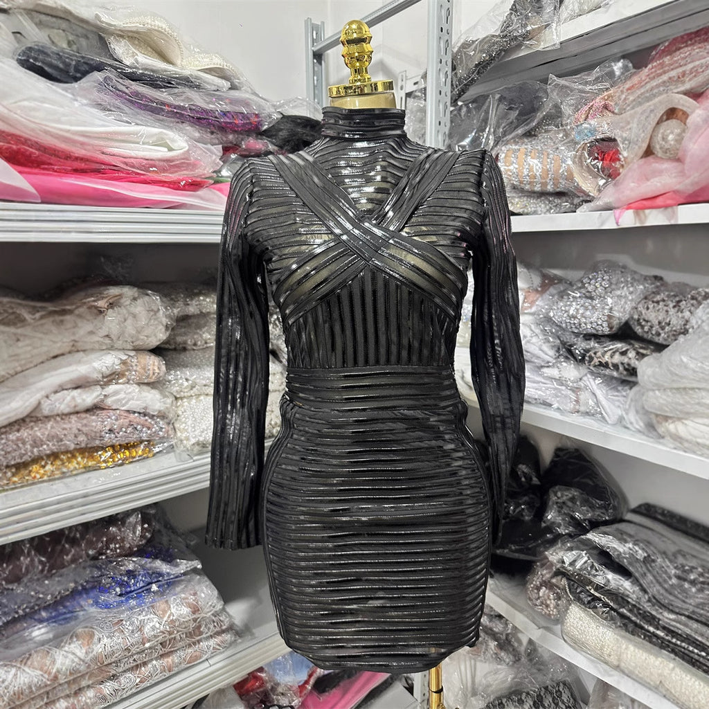 Black Shiny High-Neck Bodycon Party Dress