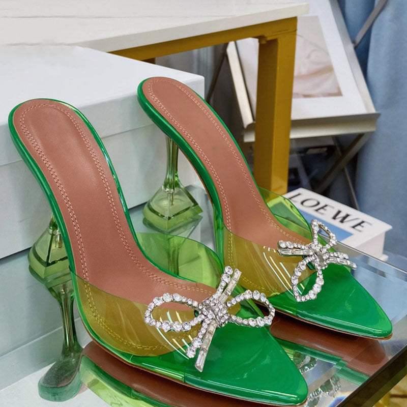 Rhinestone Bow Pointed-Toe Stiletto Sandals