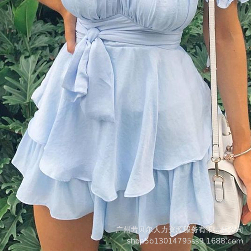 V-Neck Ruffle Waist Strap Dress