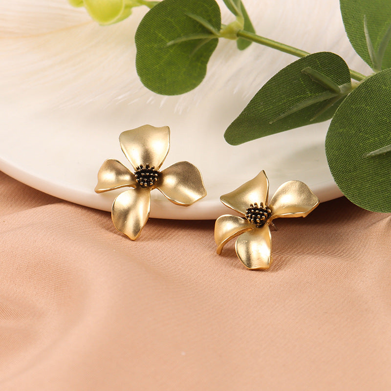 Gold Four-Petal Flower Stud Earrings