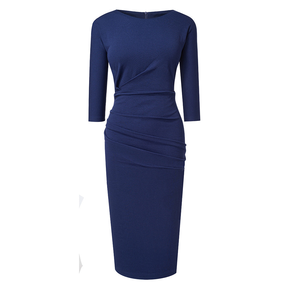 Pleated Wrap-Hip Round Neck Work Dress