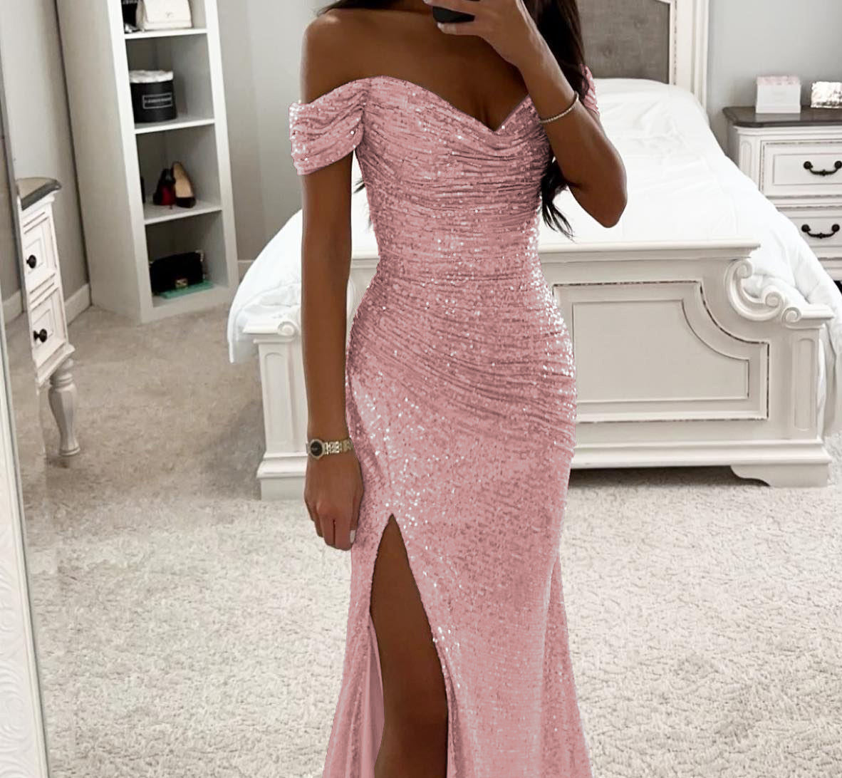 Sequined Off-Shoulder Slit Party Dress