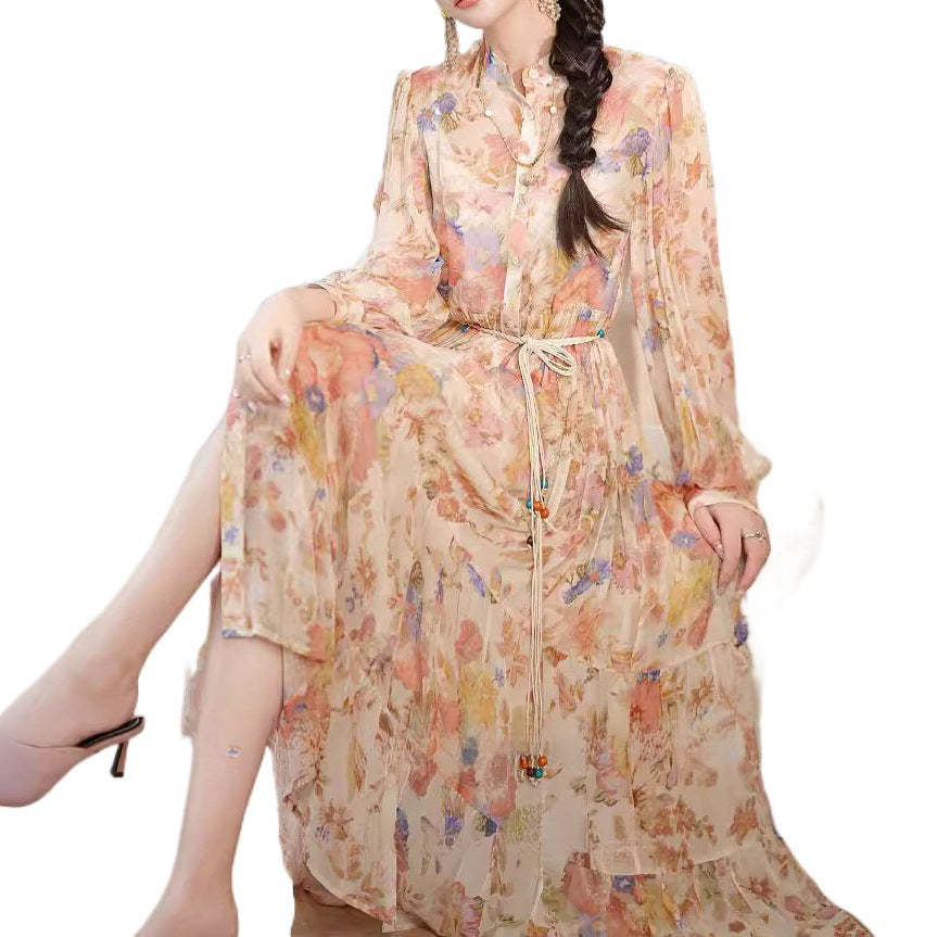 Stand Collar Spring Print A-Line Dress